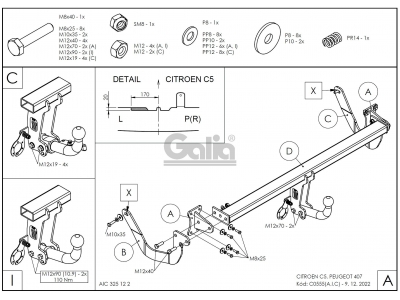 Фаркоп оцинкованный Galia шар A для Citroen C5/Peugeot 407 2004-2017
